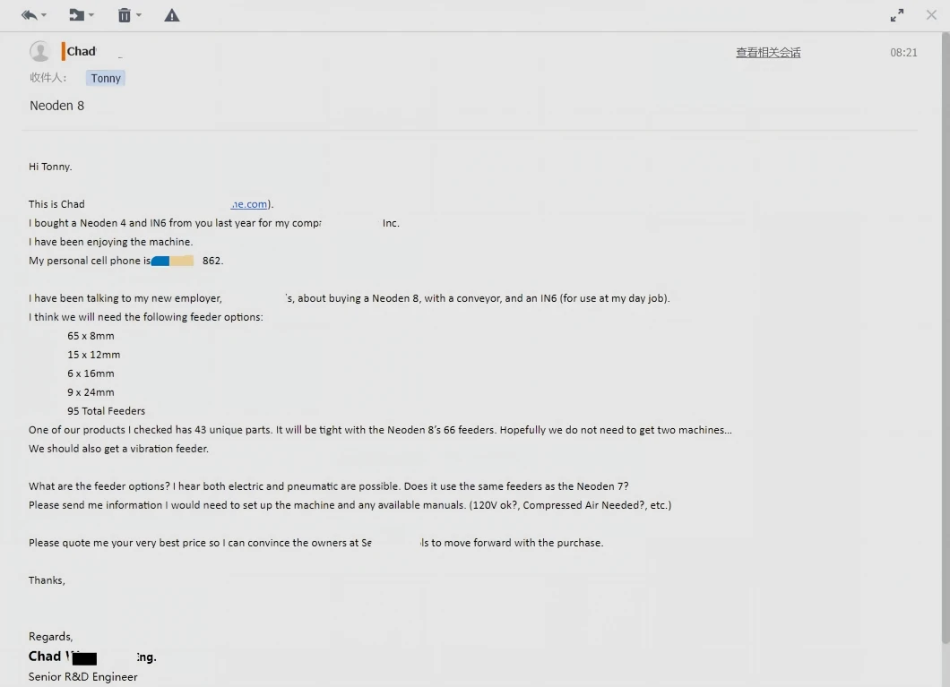 NeoDen IN6 Reflow Oven Customer Review Email from Senior R&D Engineer Chad NeoDen IN6 Reflow Oven Customer Review Email from Senior R&D Engineer Chad